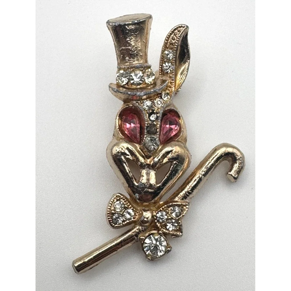 Vintage Bunny Brooch Dapper Rabbit Pink Rhinestone Eyes Figural